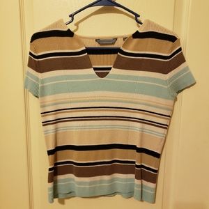 Women's horizontally striped with earthy colors, short sleeve top.